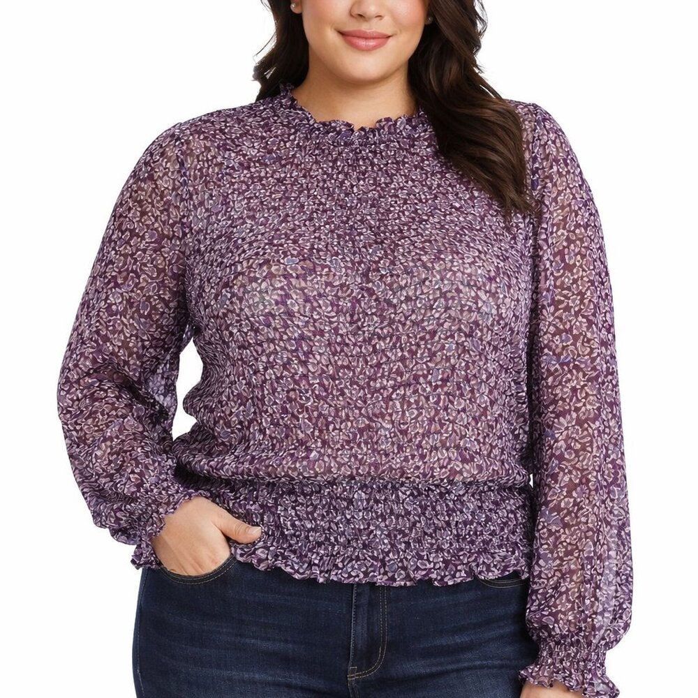 Purple Floral Smocked Blouse XL Sheer Long Sleeve Boho Top